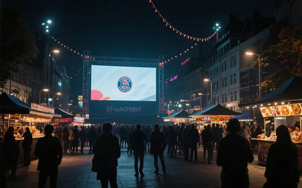 世界杯球迷专区的夜间公共空间氛围概念图