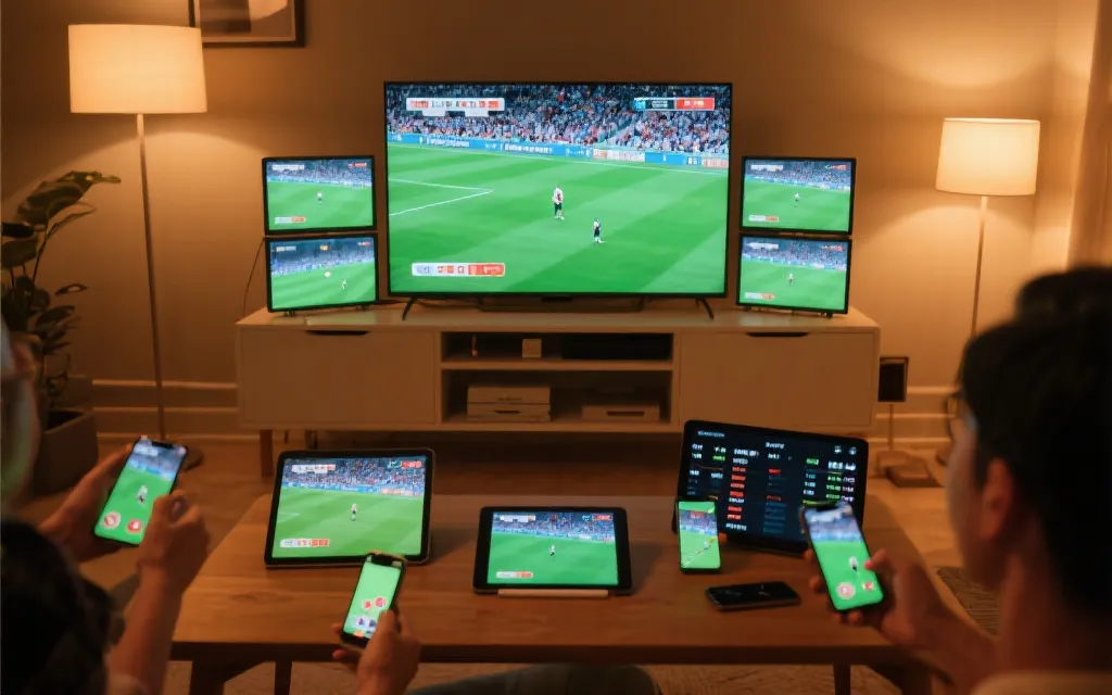 桌面多屏观赛设置：电视主画面、平板显示数据、手机用于群聊，柔和灯光与水杯在旁