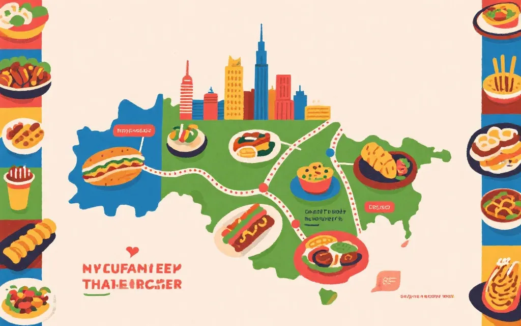 三国地图与不同城市小吃元素拼贴风海报，旅行路线与球迷动线概念